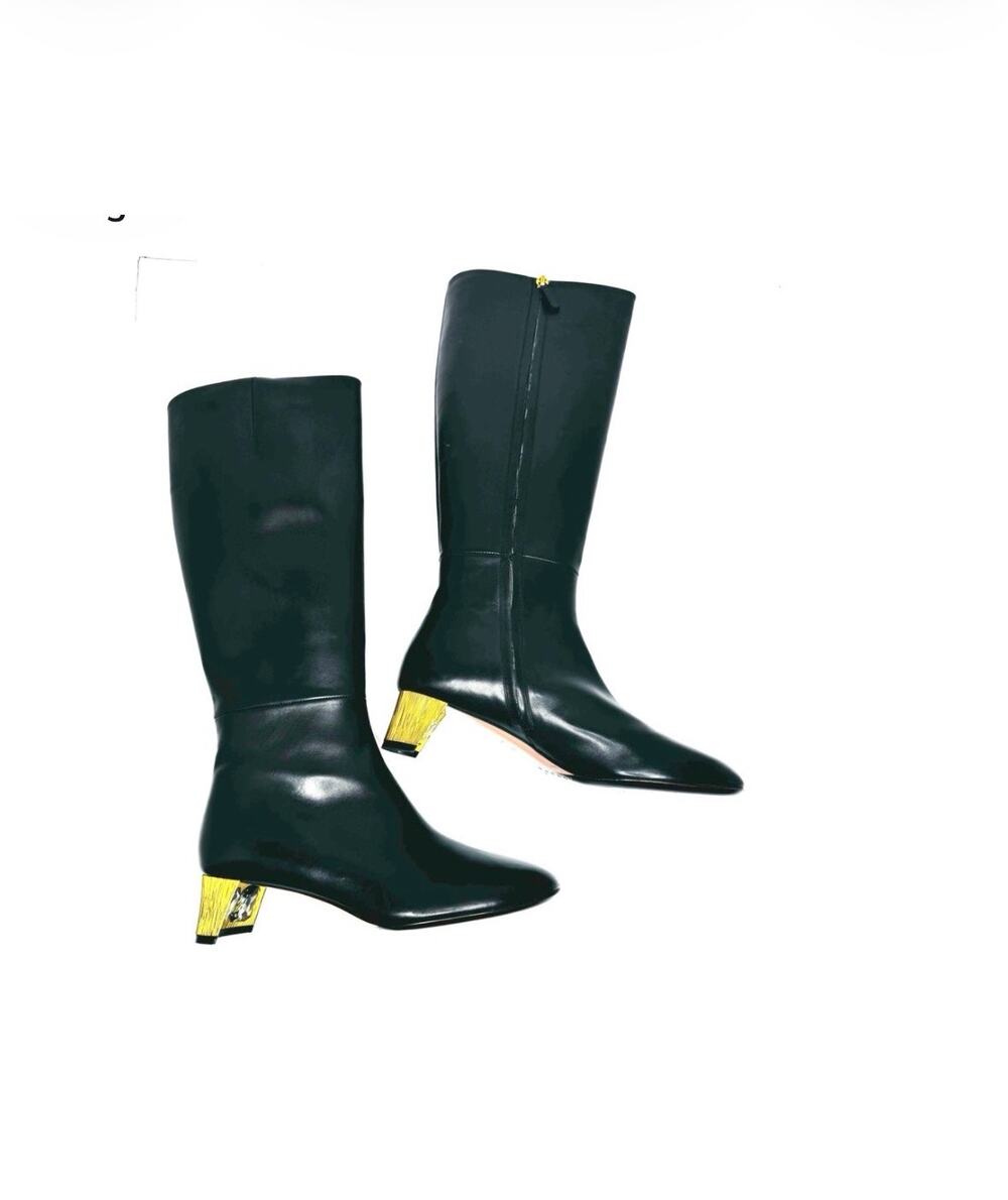 Gucci Black Calfskin Leather Knee High Boots Crystal Heels EU 36.5